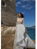 Sexy Deep V Neck Beaded Ivory Lace Wedding Dress